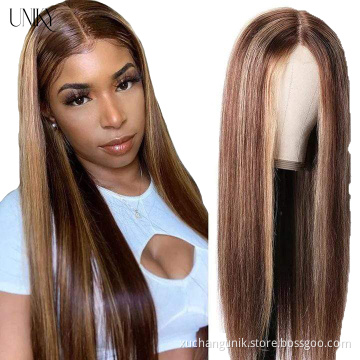 Uniky Highlight ombre Blonde Straight Brown pre pluck 13X4 Transparent Lace front Highlighted Human Hair Wigs for black women